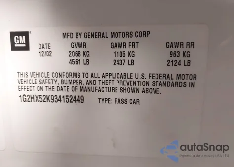 2003 Pontiac Bonneville Se из США, поврежденный, VIN 1G2HX52K934152449